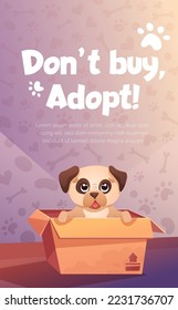 Social media post with animal adoption promotion. Adopt Flyer with funny dog in cardboard box. Help homeless animals find home. Vector cartoon template with cute abandoned pug puppy in doghouse
