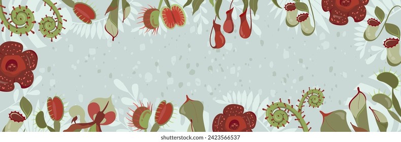 Social media post background. Beautifull banner with exotic carnivorous plants. Frame with unusual rare wild flowers Rafflesia, Nepenthes, Venus flytrap. Template design. Editable vector illustration