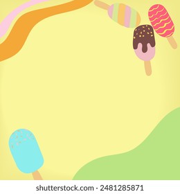 Social Media Post Background with popsicle illustration.  Fun, Playful and Sweet color. Summer theme. Children and baby world. with copy space in center. Editable vector