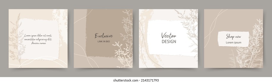 Social Media Post Background, Web Banner Template With Floral Sketch Herb And Ripped Torn Paper Texture In Neutral. Editable Vector For Card, Cover, Banner, Invitation, Poster, Mobile Apps, Web Ads