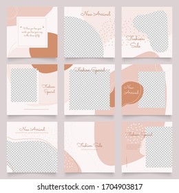 social media post banner for fashion sale promotion. square frame puzzle poster. brown pink color background vector illustration