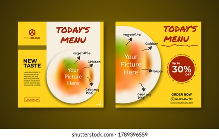 Social media post banner for food promotion suitable for banner ad, web, and food content promotion. Trendy culinary design template.