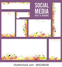 Publicación en medios sociales, diseño de pancartas o cabeceras con decoración de coloridas flores acuarelas.