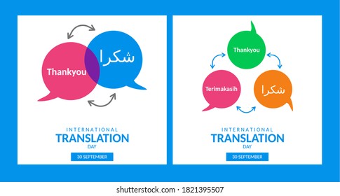 social media post banner of International Translation day. Thank you in arabic and indonesian language