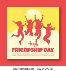 Social media post, banner for international friendship day greeting card, Friendship Day Abstract vector  background with friends jumping silhouette illustration