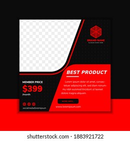 social media post banner template design with headline is best product. Square layout with red element and black background. dot pattern like a hole. Space for photo collage.