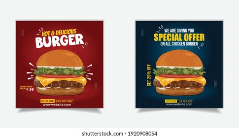 Plantilla de banner para publicación en medios sociales para comida para hamburguesas y restaurante