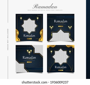 Social Media Post or Banner Template for Ramadan Sale Promotion with Luxury Decorations and Gold Lanterns