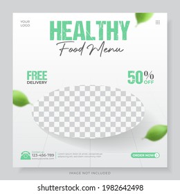 Social Media Post Banner Template Themed Healthy Food With Leaf Illustration.