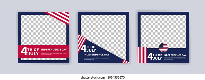 Social media post banner template for US independence day celebration. During July 4th greeting card with flying American national flag on blue background. US state federal patriotic holiday.