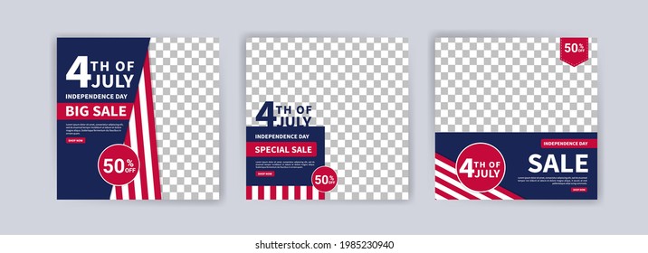 Social media post banner template for US independence day celebration. Banner vector for social media ads, web ads, business messages, discount flyers and big sale banners.