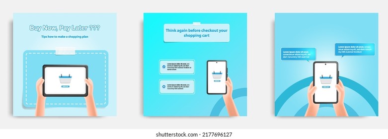 Social media post banner template, tips, tutorial, wisdom, advice, in 3D cartoon style. Checkout shopping cart, online shop pay later concept. Vector illustration