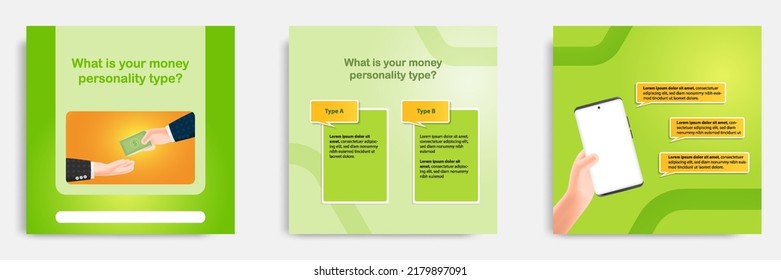 Social Media Post Banner Template Layout In 3D Cartoon Style. Money Personality Type Concept, Comparing Spenders And Savers, In Gradient Green Background Color. Vector Illustration