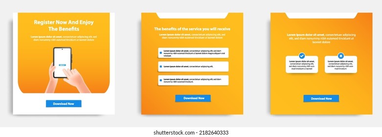 Social media post banner template layout in 3D cartoon style. Mobile app feature and benefit explanation concept in gradient orange background color. Vector illustration