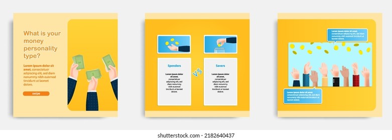 Social Media Post Banner Template Layout In 3D Cartoon Style. Money Personality Type Concept, Comparing Spenders And Savers, In Orange Gradient Background Color. Vector Illustration