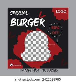 Social Media Post Banner Template Design für Burger Lebensmittel mit Rot und Schwarz.