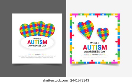 Social media post or banner template of World autism awareness day. Autism Awareness Month card with puzzle heart, 2 April, 