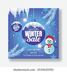 Social Media Post Banner Template for Winter Sale Discount Offer, Christmas sale Square Flyer or Poster Design for E-commerce Promotions and Online Shopping Ads design with 3d snowman background