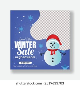Social Media Post Banner Template for Winter Sale Discount Offer, Christmas sale Square Flyer or Poster Design for E-commerce Promotions and Online Shopping Ads design with 3d snowman background