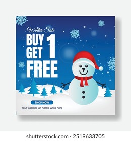 Social Media Post Banner Template for Winter Sale Discount Offer, Christmas sale Square Flyer or Poster Design for E-commerce Promotions and Online Shopping Ads design with 3d snowman background