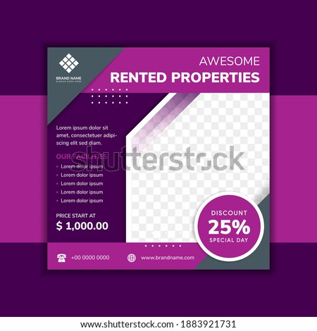 social media post banner template design with headline is awesome rented properties. Square layout with pink grey on element and purple background. diagonal shape of space for photo collage.