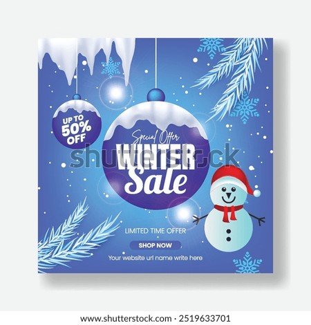 Social Media Post Banner Template for Winter Sale Discount Offer, Christmas sale Square Flyer or Poster Design for E-commerce Promotions and Online Shopping Ads design with 3d snowman background