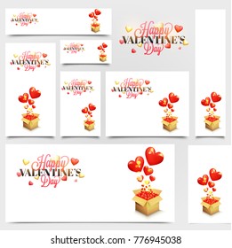 Social Media Post or Banners decorated with glossy hearts coming out from golden gift box in different sizes for different social media platforms. 