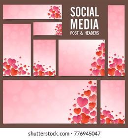 Social Media Post or Banners decorated with glossy pink and red hearts in different sizes for different social media platforms. 