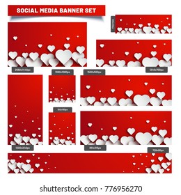 Social Media Post or Banners decorated with white paper hearts in different sizes for different social media platforms. 
