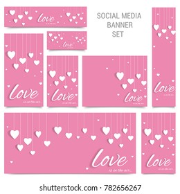 Social Media Post or Banners with hanging white paper hearts on pink background.