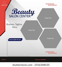 Social media post for beauty salon digital ads with abstract hexagon shape.