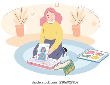 Social media post blogger girl, child likes friend. Captured happy moment of life. Social profile frame with young popular woman. Selfie creative idea. Children with phone and tablet at home