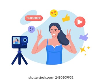 Social media post, blogging. Influencer, blogger make video blog content. Character in front of camera recording video to share it in internet. Live streaming, broadcast. Selfie creative idea