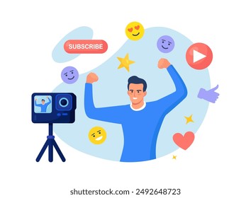 In: Social Media Post, Blogging. Influencer, Blogger machen Video Blog Inhalt. Charakter vor Kamera-Aufnahme-Video, um es im Internet zu teilen. Live-Streaming, Broadcast. Selfie-kreative Idee