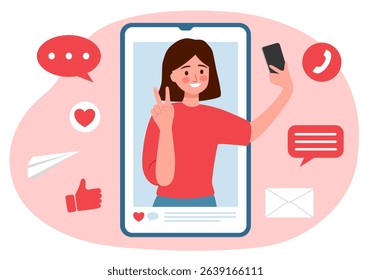 Social media post, blogging. Influencer blogger girl character. Like, share and comment promo. Selfie creative idea.