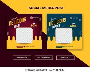 Banner promocional de negocios de comida y comida en redes sociales también modelo de red social para las juntas de comida rápida y franquicias y pizzas de los restaurantes 2020