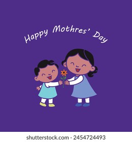 social media post card of Happy Mother's Day.Two children, hold a flower to extend warm wishes to mom, their smiles mirror the love and appreciation, isolated whit purple background, with typography.