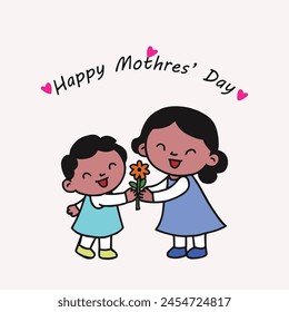 social media post card of Happy Mother's Day.Two children, hold a flower to extend warm wishes to mom, their smiles mirror the love and appreciation, isolated whit white background, with typography.