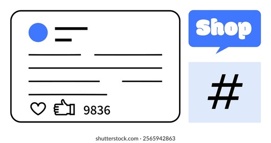 A social media post card with like and heart icons, a blue Shop speech bubble, and a hashtag symbol. Ideal for online marketing, social networking, e-commerce, branding, and content creation