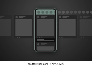 Social media post carousel dark theme. Cellphone screens carousel in black mode. Social network interface