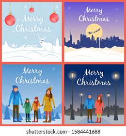 Social media post for Christmas card with people outdoors. Family, couple and reindeer in winter landscape. Banner template design for greetings or advertising in social networks. Set vector posters.