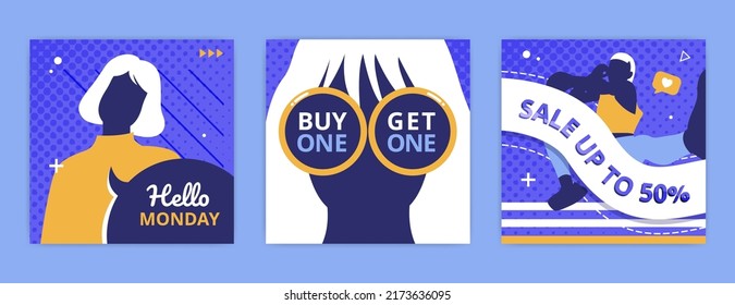 Social media post collection with flat people illustration