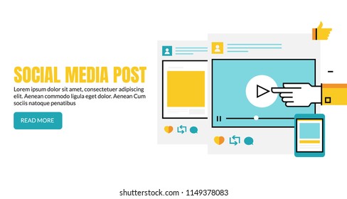 Social media post, content sharing on social media, flat line vector banner with icons