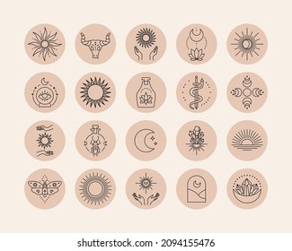 Social media post cover with line abstract esoteric and mystic symbols. Vector isolated set