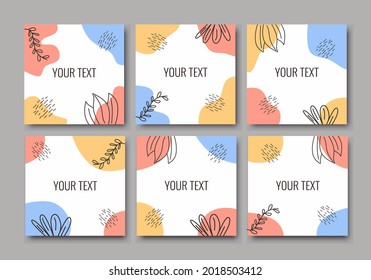 Social media post creative abstract template design set. Tropical leaves warm color of the pink, blue and orange pastel colors combination with minimalist style. Vector illustration