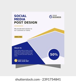 Social media post design in blue, white color in square size for brand, branding, promotion, marketing, agency, sale, offer, discount as announcement or advertisement.