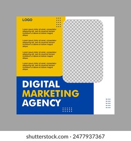 social media post design in blue and yellow for product promotion, a company.