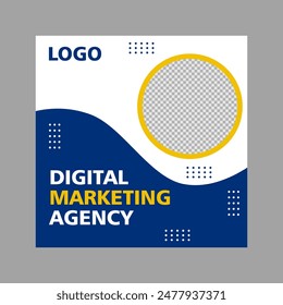 social media post design in blue and yellow for product promotion, a company.