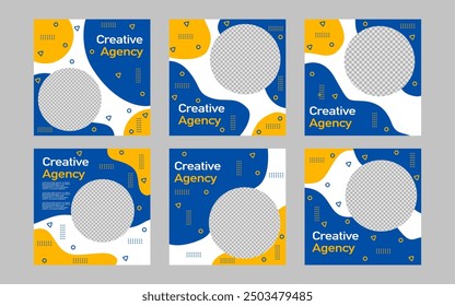 social media post design with blue, white and yellow colors for business and promotion.