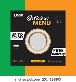 Social media post design restaurante de comida ou web banner design template para empresas de alimentos. Ilustração vetorial com placa. Hambúrguer saudável e pizza online promoção de venda folheto ou cartaz.